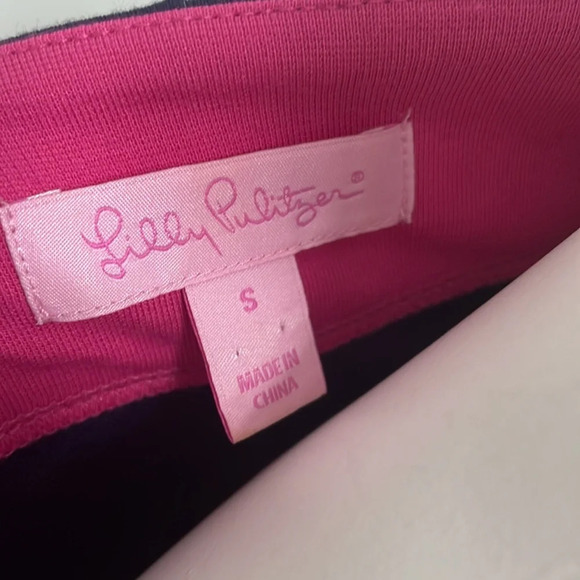 Lilly Pulitzer Navy Blue Pink Ruffle My Feather Script Print Dress Size Small - Picture 4 of 10